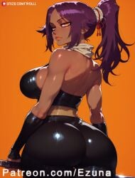 ai_generated big_ass big_breasts big_butt big_thighs bleach blush colored_skin dark-skinned_female dark_skin ezuna from_behind huge_ass huge_breasts huge_butt huge_thighs latex latex_clothing orange_eyes purple_hair tight_clothing wanuze wide_hips yoruichi_shihouin
