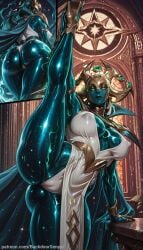 1girl ai_generated ass backdoorsenpai bare_legs big_ass cape colored_skin curvy egao exercising female_focus glowing_eyes green_eyes green_skin gymnastics hela_(empress_of_the_cosmos) hela_(marvel_rivals) large_breasts marvel marvel_comics marvel_rivals multiple_views naughty_face naugty_eyes pelvic_curtain perky_breasts shiny_skin sleeveless_dress split spread_legs standing standing_on_one_leg standing_split thick_thighs thighs translucent_skin white_dress wide_hips