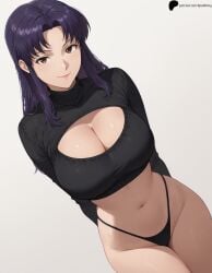 1girl 1girls ai_generated arms_behind_back black_panties black_sweater breasts brown_eyes cleavage cleavage_cutout closed_mouth evangelion hi_res high_quality high_resolution highres katsuragi_misato large_breasts legs_together light lips long_hair long_sleeves looking_at_viewer midriff misato_katsuragi navel neon_genesis_evangelion nose opal_nemy panties patreon_logo patreon_url patreon_username plain_background purple_hair ribbed_sweater self_upload shadow shiny shiny_clothes shiny_hair shiny_skin simple_background smile solo standing sweater thick_thighs thighs turtleneck_sweater watermark white_background