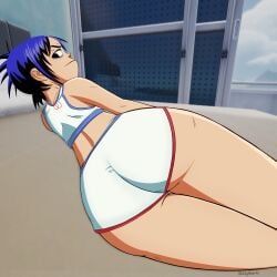 1girls ass_focus big_ass black_hair booty booty_shorts fully_clothed gorillaz huge_ass laying_on_bed looking_at_viewer looking_back noodle_(gorillaz) noodle_(pac-man) shiny_hair skullyhearts smile