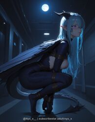 1girl ai_generated bdsm blue_eyes blue_hair blush bodysuit bondage bound breasts dragon_girl dragon_horns dragon_tail from_side full_moon hair_over_one_eye horns large_breasts long_hair looking_at_viewer moon night night_sky nipples nyx_x parted_lips pointy_ears questionable solo squatting tail wings