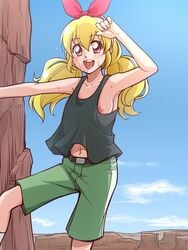 1girls aikatsu! belt black_shirt blonde_hair blush breasts climbing clothing cloud eyelashes female hair_ornament hair_ribbon happy hoshimiya_ichigo long_hair looking_at_viewer nipple_slip nipples ogry_ching open_mouth pants red_eyes ribbon shirt sky small_breasts smile solo