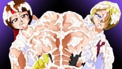 2girls between_breasts big_breasts blonde_hair blue_eyes boobjob breast_to_breast breasts_to_breasts brown_hair covered_in_cum cum_on_face double_paizuri grabbing_breasts kaimanwanio king_(snk) king_of_fighters light-skinned_female light_skin paizuri pale-skinned_female pale_skin pov short_hair titjob yuri_sakazaki