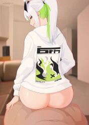 1boy 1girl ahoge animated anus ass blunt_bangs bottomless colored_inner_hair commentary couch eloise_(the_atko) green_hair highres hood hood_down hoodie living_room long_hair looking_at_viewer looking_back multicolored_hair on_couch penis ponytail pov pussy pussy_juice reverse_outfit sex sex_from_behind sidelocks sound straight tagme the_atko two-tone_hair vaginal_penetration video white_hair white_hoodie
