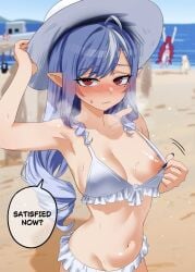3girls alice_thymefield areolae beach bikini bikini_top_lift blonde_hair blush drill_hair elf elf_female elf_girl english_dialogue english_text flashing_breasts frilled_bikini hat kukiyuusha long_hair looking_at_viewer medium_breasts mole mole_under_eye nipples ocean pointy_ears purple_hair red_eyes red_hair swimsuit text_bubble ukinami_yuzuha vivian_banshee zenless_zone_zero