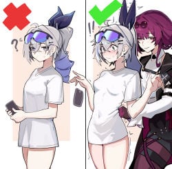 2girls 2koma ahoge baggy_shirt blank_eyes blush blushing breasts clothed clothed_female clothing collared_shirt distr distrbeachboy drill_hair drill_ponytail dropping_object dropping_phone from_behind gloved_hands grabbing_shirt gradient_hair hair_between_eyes hidden_curves holding_phone holding_smartphone honkai:_star_rail honkai_(series) hoyoverse jacket kafka_(honkai:_star_rail) legs_together lipstick long_sleeves meme multiple_images multiple_scenes navel navel_visible_through_clothes navel_visible_through_clothing nipple_bulge oversized_shirt pants petite petite_body pony_tail ponytail prank purple_eyes purple_hair shirt shirt_only shirt_pull shirt_tighten_meme shocked short_sleeves silver_eyes silver_hair silver_wolf_(honkai:_star_rail) simple_background small_breasts smartphone standing sunglasses sunglasses_on_head surprised sweat sweating thick_thighs thighhighs thighs thighs_together tight_shirt