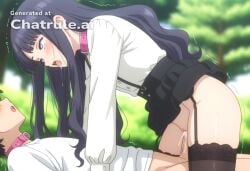 1girl ai_assisted ai_generated anime_coloring anime_screencap black_hair cock_in_pussy collar cowgirl creampie detailed_face embarrassed harness inside leaning_forward moaning outside parted_bangs purple_eyes pussy_sex rolling_eyes saliva shaking side_view skirt stockings tomoyo_daidouji tree white_shirt