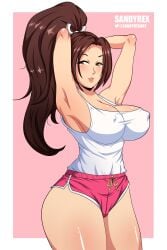 2d 2d_(artwork) alternate_version alternate_version_available ass big_ass big_breasts blush blushing booty_shorts breasts brown_hair brown_hair_female camel_toe cameltoe fatal_fury female female_focus female_only hairband hands_behind_head huge_ass huge_breasts japanese japanese_female king_of_fighters long_hair long_hair_female looking_at_viewer mai_shiranui mai_shiranui_(street_fighter_6) nipple_bulge ponytail pose posing posing_for_the_viewer sandyrex shiny shiny_skin short short_shorts smile smiling smiling_at_viewer snk solo solo_female solo_focus street_fighter street_fighter_6 watermark