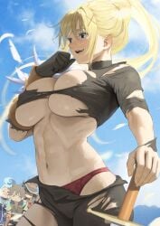 1boy 1boy3girls 3girls 3girls1boy aqua_(konosuba) belly belly_button blonde_female blonde_hair breasts darkness_(konosuba) female female_focus gloves hair_ornament kono_subarashii_sekai_ni_shukufuku_wo! konosuba long_hair megumin panties ponytail red_panties ripped_clothing satou_kazuma slim_waist stomach tagme