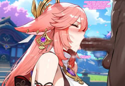 1boy 1boy1girl 1girl1boy 1girls ai_generated animal_ears big_penis blowjob built_for_bbc dark-skinned_male fellatio floox genshin_impact heart heart_symbol huge_cock interracial kitsune light-skinned_female oral oral_sex saliva saliva_drip saliva_on_penis saliva_string saliva_trail shrine_maiden text yae_miko