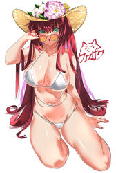 1girls adjusting_eyewear adjusting_glasses ahoge azur_lane bangs bare_shoulders bikini blush breasts commentary eyebrows_visible_through_hair female female_only flower green_eyes grey_bikini hair_between_eyes hair_ornament hat highres kurosawa_rui_(hjkl42332) large_breasts long_hair looking_at_viewer looking_over_eyewear looking_over_glasses navel open_mouth orange-tinted_eyewear purple_flower red_hair simple_background sitting smile solo straw_hat sun_hat sunglasses surcouf_(azur_lane) surcouf_(loisirs_balneaires)_(azur_lane) swimsuit thighs tinted_eyewear two-tone_swimsuit very_long_hair water_drop white_background white_flower