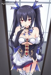 1girl ai_generated anime anime_style bare_shoulders black_hair blue_ribbon blush bow breasts bridal_gauntlets choujigen_game_neptune cleavage clothes_lift cowboy_shot detached_collar detached_sleeves dress finger_to_mouth garter_straps hair_between_eyes hair_ribbon hentai hi_res hyperdimension_neptunia lifted_by_self long_hair looking_at_viewer medium_breasts mystic_maidens naughty_face neptune_(series) neptunia_(series) noire noire_(neptunia) patreon red_eyes ribbon skirt smile solo standing thighhighs tongue tongue_out twintails very_long_hair white_skirt