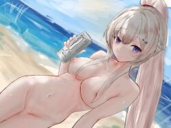 1girls ak-74m_(girls'_frontline) beach big_breasts breasts cameltoe female female_only girls'_frontline hair_covering_nipple hairclip hi_res holding_can monster_energy_drink monster_energy_zero_ultra navel nipples platinum_blonde_hair ponytail public_nudity sand sky tv90 violet_eyes