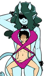 1boy 1girls aroused balls bikini black_hair blue_skin demon erection eyewear hair horn long_ears long_hair momorodent penis shared_clothes size_difference spiked_bracelet sunglasses swimsuit trapped_in_clothing