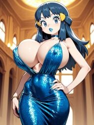 1girl ai_generated bangs bimbo blue_eyes blue_hair blue_lipstick blue_nails bracelet choker covered_nipples cowboy_shot dawn_(pokemon) dress erect_nipples eyeshadow fake_breasts fake_nails freckles hand_on_hip huge_breasts lipstick long_hair looking_at_viewer nail_polish perky_breasts plunging_neckline pokemon sequin_dress silicone_implants skindentation skinny solo thin_waist