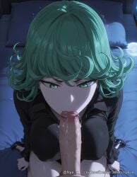 1boy 1girl ai_generated black_dress black_footwear breasts collared_dress covered_nipples curly_hair dress erection explicit fellatio flipped_hair green_eyes green_hair gumroad_username hetero indoors kneeling large_breasts large_penis long_sleeves looking_at_penis nyx_x on_bed oral patreon_username penis pillow pov pov_crotch short_hair sitting solo_focus tatsumaki trembling twitching_penis uncensored veins veiny_penis