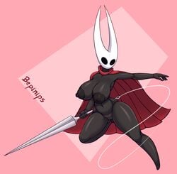 absurd_res areola bepinips big_breasts breasts butt_from_the_front cape cloak female genitals hi_res holding_object holding_weapon hollow_knight hornet_(hollow_knight) nipples not_furry pussy red_cape solo team_cherry video_games weapon