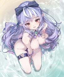 1girls areolae artist_request beach breasts drill_hair elf elf_female elf_girl female_focus female_only long_hair looking_at_viewer looking_up medium_breasts nipples ocean open_mouth open_smile pointy_ears purple_hair red_eyes solo solo_female vivian_banshee vivian_banshee_(iris_of_the_shore) water zenless_zone_zero