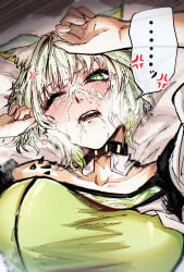 1girl absurdres anger_vein animal_ear_fluff animal_ears arknights arms_up bad_id bad_pixiv_id blush breasts bright_pupils cat_ears cat_girl collarbone cum cum_in_mouth cum_on_body cum_on_breasts cum_on_hair detached_collar dress eyelashes facial green_dress green_eyes green_hair heavy_breathing highres indoor_gorilla kal'tsit_(arknights) large_breasts looking_at_viewer lying material_growth off-shoulder_dress off_shoulder one_eye_closed open_mouth oripathy_lesion_(arknights) short_hair solo teeth upper_body