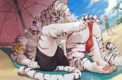 3boys absurdres afk_(series) afk_journey animal_ears arknights artist_name ass bara biceps black_male_swimwear bulge claws closed_mouth commentary dislyte english_commentary erection erection_under_clothes eyewear_on_head furry furry_male green_male_swimwear grin highres jin_qiu_(ru_shou)_(dislyte) jin_qiu_(ru_shou)_(wild_python)_(dislyte) kawaakumma kordan_(afk) looking_at_another looking_back looking_up male_focus male_swimwear mountain_(arknights) multiple_boys muscular muscular_male patreon_username pawpads pectorals red_male_swimwear smile sunglasses tail tiger_boy tiger_ears tiger_stripes tiger_tail topless_male white_fur white_hair