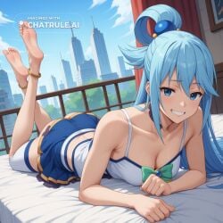 1girl ai_assisted ai_generated anklet aqua_(konosuba) bare_shoulders barefeet bedroom bent_over blue_eyes blue_hair blue_skirt cityscape cleavage cowboy_shot curvy_body detailed_feet dutch_angle eyes_half_closed feet_up green_bow grin looking_at_viewer narrow_waist outdoors petite prone_position round_ass shirt skirt small_breasts soft_breasts source_anime the_pose thighhighs tired wide_hips