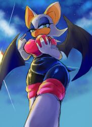 1girls artist_request bat_ears bat_wings big_breasts breasts closed_mouth cloud eyeshadow from_below furry green_eyes large_breasts looking_down rouge_the_bat sega sky solo sonic_(series) sonic_the_hedgehog_(series) spiked_hair standing thigh_boots wings