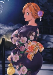 1girls background big_breasts bleach blue_hairclip breasts cleavage female female_focus female_only fireworks fully_clothed hair_ornament inoue_orihime japanese_clothes kimono kyugata long_hair looking_at_viewer looking_back milf night orange-haired_female orange_fur orange_hair solo
