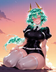 1girl 1girls ai_generated aqua_hair arm_support balecxi belt black_necktie black_shirt black_shorts blush breasts caesar_king caesar_king_(zenless_zone_zero) clothing cloud collared_shirt colored_eyelashes cosplay crystal_hair curvaceous curvaceous_female curvaceous_figure curvy curvy_figure dusk evening female female_focus floating_hair gem_uniform_(houseki_no_kuni) glint gradient_sky green_eyes green_hair hair_between_eyes hair_ornament half-closed_eyes hand_on_own_leg hand_on_own_thigh hoyoverse inviting inviting_to_sex large_breasts legwear long_hair looking_at_viewer mihoyo necktie orange_sky outdoors parted_lips presenting presenting_ass presenting_breasts presenting_hindquarters presenting_pussy presenting_self puffy_short_sleeves puffy_sleeves seductive seductive_look seductive_smile shirt short_shorts short_sleeves shorts sitting sky smile solo sunset thick_thighs thighhighs thighs uncensored voluptuous voluptuous_female white_belt white_legwear white_thighhighs wide_hips x_hair_ornament yokozuwari zenless_zone_zero