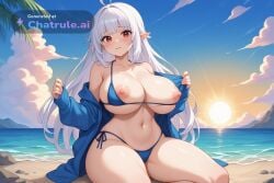 1girl ai_assisted ai_generated anime_screencap bare_shoulders bashful beach bikini blue_sky blush blushing collarbone colorful contrast curvaceous curvy daytime detailed_face dramatic_lighting eyelashes full_breasts highly_detailed hourglass_figure large_breasts long_hair looking_at_viewer loose_bikini motion_lines naked narrow_waist nipples oversized_breasts parted_lips pointy_ears red_eyes round_breasts sand sea short_girl shortstack shy soft_breasts soft_thighs source_anime spherical_breasts sun thick_thighs top_heavy white_hair