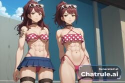 1girl abs ai_assisted ai_generated ass bikini_skirt choker devious devious_smile eyewear_on_head frilled_bikini g_string kujikawa_rise muscle_definition navel oiled_body persona_4 pink_bikini polka_dot_bikini proud punk seductive seductive_look serious source_anime standing sultry sunglasses toned topless wide_hips