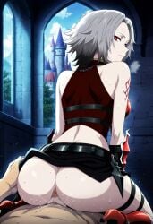 1girls ai_generated angela_(castlevania) ass castlevania female female_focus grey_hair messy_hair on_back parted_bangs pov red_eyes white_skin white_skinned_female