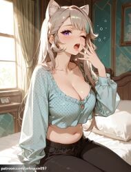 1girl ai_generated alternate_costume animal_ear_fluff animal_ears aqua_shirt arlequin097 bed black_pants blue_shirt blush braid breasts cat_ears cat_girl cleavage collarbone crop_top curtains genshin_impact grey_hair hand_up hoyoverse indoors large_breasts long_hair long_sleeves looking_at_viewer lynette_(genshin_impact) midriff mihoyo multicolored_hair navel on_bed one_eye_closed open_mouth pajamas pants pillow polka_dot polka_dot_shirt purple_eyes shirt sitting solo stomach waking_up window yawning