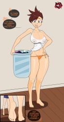 1boy 1girl barefoot big_breasts cleavage dialogue laundry_basket nipples overwatch panties redquill07 suggestive_pose tank_top thick_thighs tracer