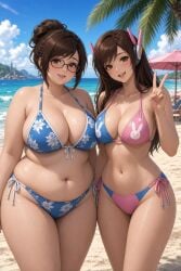2girls ai_generated asian asian_female beach bikini bikini_bottom bikini_only bikini_top blizzard_entertainment chinese chinese_female chubby chubby_female curvy curvy_female d.va korean korean_female mei_(overwatch) overwatch self_upload video_games