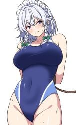 1girls beach big_breasts blue_eyes blue_swimwear bound bound_wrists breasts female headdress large_breasts long_hair maid maid_headdress sakuya_izayoi swimwear touhou white_hair white_headdress
