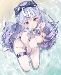 1girls areolae artist_request beach breasts cum cum_on_body cum_on_breasts cum_on_face cum_on_hair drill_hair elf elf_female elf_girl female_focus female_only long_hair looking_at_viewer looking_up medium_breasts mole mole_under_eye nipples ocean open_mouth open_smile pointy_ears purple_hair red_eyes sitting solo solo_female vivian_banshee vivian_banshee_(iris_of_the_shore) water zenless_zone_zero