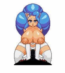 big_breasts blue_hair breasts_out cat_ears catgirl cowgirl_position darkstalkers erect_nipples felicia_(darkstalkers) gif loop looping_animation mo2 pixel_animation pixel_art ugoira white_background white_fur