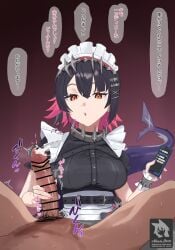 1boy 1girl bar_censor black_hair breasts censored colored_inner_hair commentary_request ellen_joe emotionless_sex erection fins fish_tail hair_ornament handjob hetero highres holding holding_phone large_breasts looking_at_viewer lying maid maid_headdress mole mole_under_eye multicolored_hair naa_onn on_back penis phone razor_blade_hair_ornament red_eyes red_hair saliva scar scar_on_tail shark_girl shark_tail short_hair sound_effects speech_bubble spitting tail translation_request twitter_username two-tone_hair zenless_zone_zero
