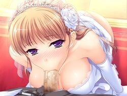 :>= bangs bare_shoulders belt blonde_hair blush breasts bridal_veil bride censored cleavage elbow_gloves fellatio female game_cg hair hair_ornament komori_kei large_breasts mizuno_takahiro noel_marres_ascot oral penis purple_eyes standing walkure_romanze