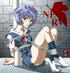 1girls blue_hair bondage bound breasts clothing female female_only femsub fully_clothed gainax human mistereye neon_genesis_evangelion nerv pale-skinned_female pale_skin panties red_eyes rei_ayanami rope school_uniform short_hair skirt tagme