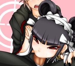 1boy 1girls bikkuru black_hair blush celestia_ludenberg censored danganronpa drill_hair earrings fellatio female human male naegi_makoto oral penis red_eyes straight_hair sweat