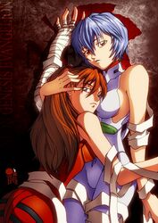 2girls asuka_langley_sohryu bandage blue_hair bodysuit breasts clothing duo female female_only gainax human light-skinned_female light_skin long_hair looking_at_viewer medium_breasts neon_genesis_evangelion nerv orange_hair pale-skinned_female pale_skin pilot_suit plugsuit rei_ayanami short_hair tagme yuri