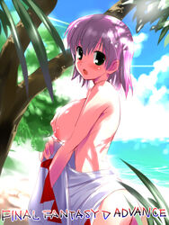 beach breast_squeeze breasts female female_only final_fantasy final_fantasy_five final_fantasy_v green_eyes hima huge_breasts human large_breasts lenna_charlotte_tycoon nipples pink_hair solo topless water white_mage