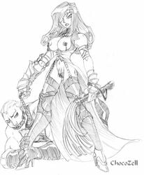 beatrix_(final_fantasy) bondage chocozell female femdom final_fantasy final_fantasy_ix human male monochrome nipples pussy straight_hair thighhighs whip