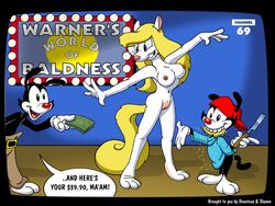 animaniacs anthro black_fur bottomless breasts color female fur furry interspecies karri_aronen male mammal minerva_mink mink money multiple_males mustelid nipples nude pussy red_nose standing tagme topless wakko_warner white_fur yakko_warner