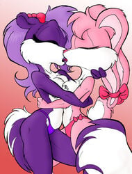 anthro babs_bunny breast_press closed_eyes clothes fatalis female female_only fifi_la_fume fur furry furry_ears furry_tail hug kissing long_ears mammal multiple_females mustelid panties rabbit round_ears side_view skunk tagme tail tiny_toon_adventures topless uncensored underwear yuri