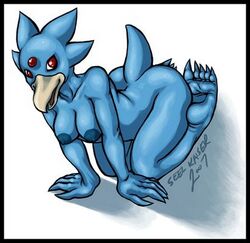 2007 all_fours anthro anthro_only anthrofied areolae artist_name artist_signature ass barefoot beak black_border blue_body blue_skin breasts claws completely_nude completely_nude_female duck female female_only forehead_jewel gem generation_1_pokemon golduck looking_at_viewer looking_up nipples nude open_mouth pokemon pokemon_(species) pokemon_focus pokemon_rgby red_eyes red_gemstone seel_kaiser simple_background smile soles solo spikes_(anatomy) tail white_background