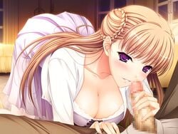 blonde_hair blush breasts censored cleavage female game_cg hair handjob komori_kei large_breasts long_fingernails long_hair looking_at_viewer noel_marres_ascot penis purple_eyes smile walkure_romanze