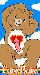 1male affront_to_nature anthro arms_up bear brown_fur care_bear chris_sutor clouds eyelashes heart humor looking_at_viewer looking_pleasured parody penis precum precum_drip rainbow sky tagme tenderheart_bear