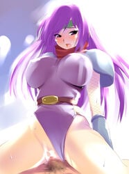 armor blush breasts censored cum erect_nipples faris_scherwiz female final_fantasy final_fantasy_five final_fantasy_v headband hima human impossible_clothes impossible_leotard large_breasts male ninja purple_hair sex straight sweat